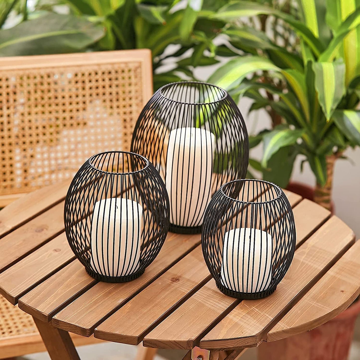 Outdoor Decorative Candle Holder Set - Black Wire Hurricane Holders for Pillar Candles - Elegant Centerpiece Accents