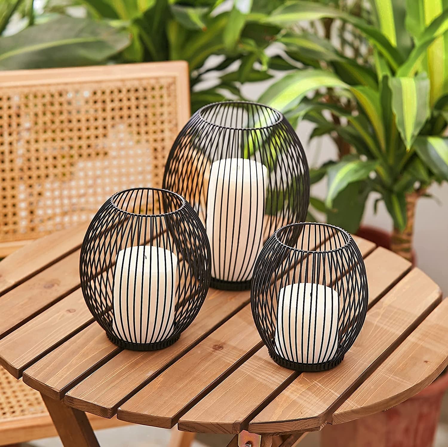 Outdoor Decorative Candle Holder Set - Black Wire Hurricane Holders for Pillar Candles - Elegant Centerpiece Accents