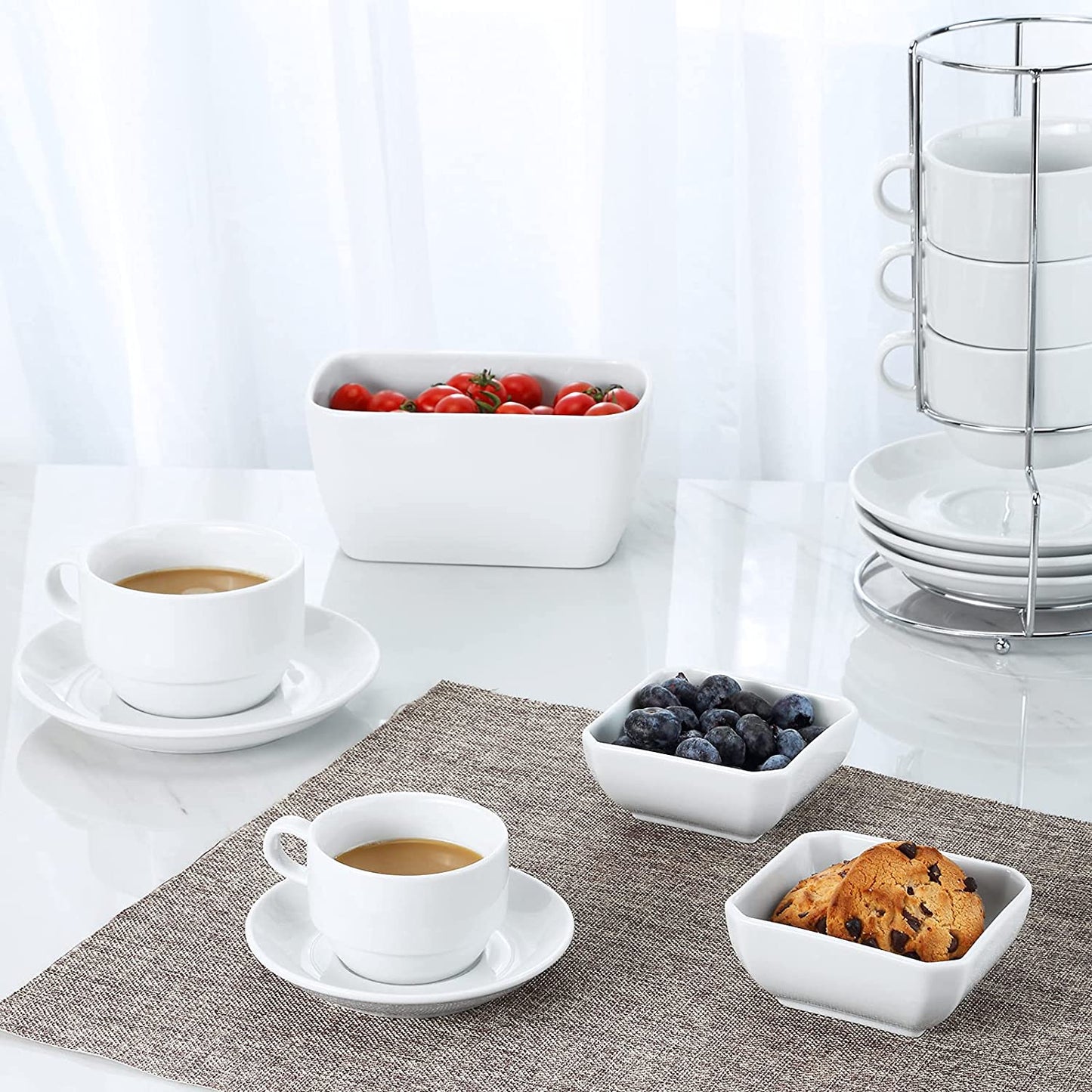 Porcelain 8 Oz Coffee Cups with Saucers and Metal Stand - Stackable Design