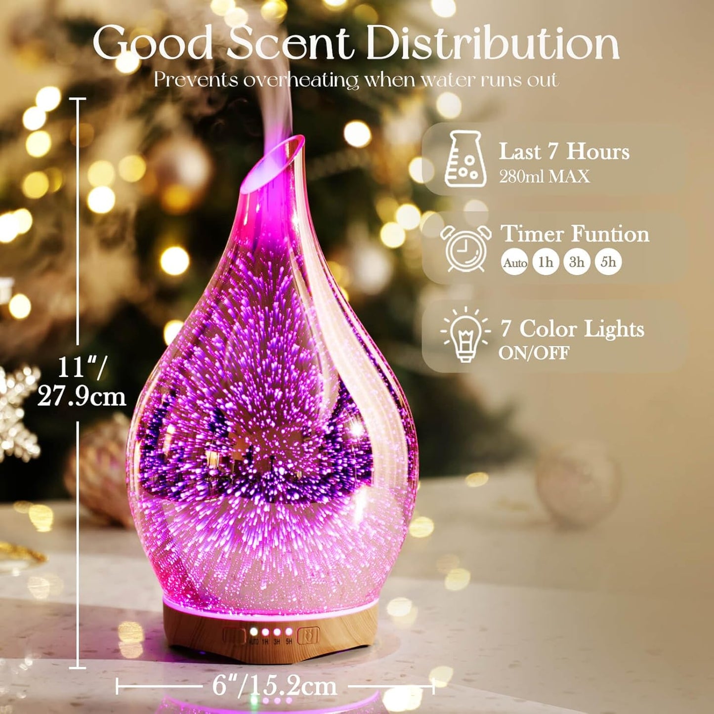 280ml Ultrasonic Essential Oil Diffuser - 3D Glass Aromatherapy Humidifier with Timer, Color-Changing Feature, and Waterless Shut-Off for Home and Office Use