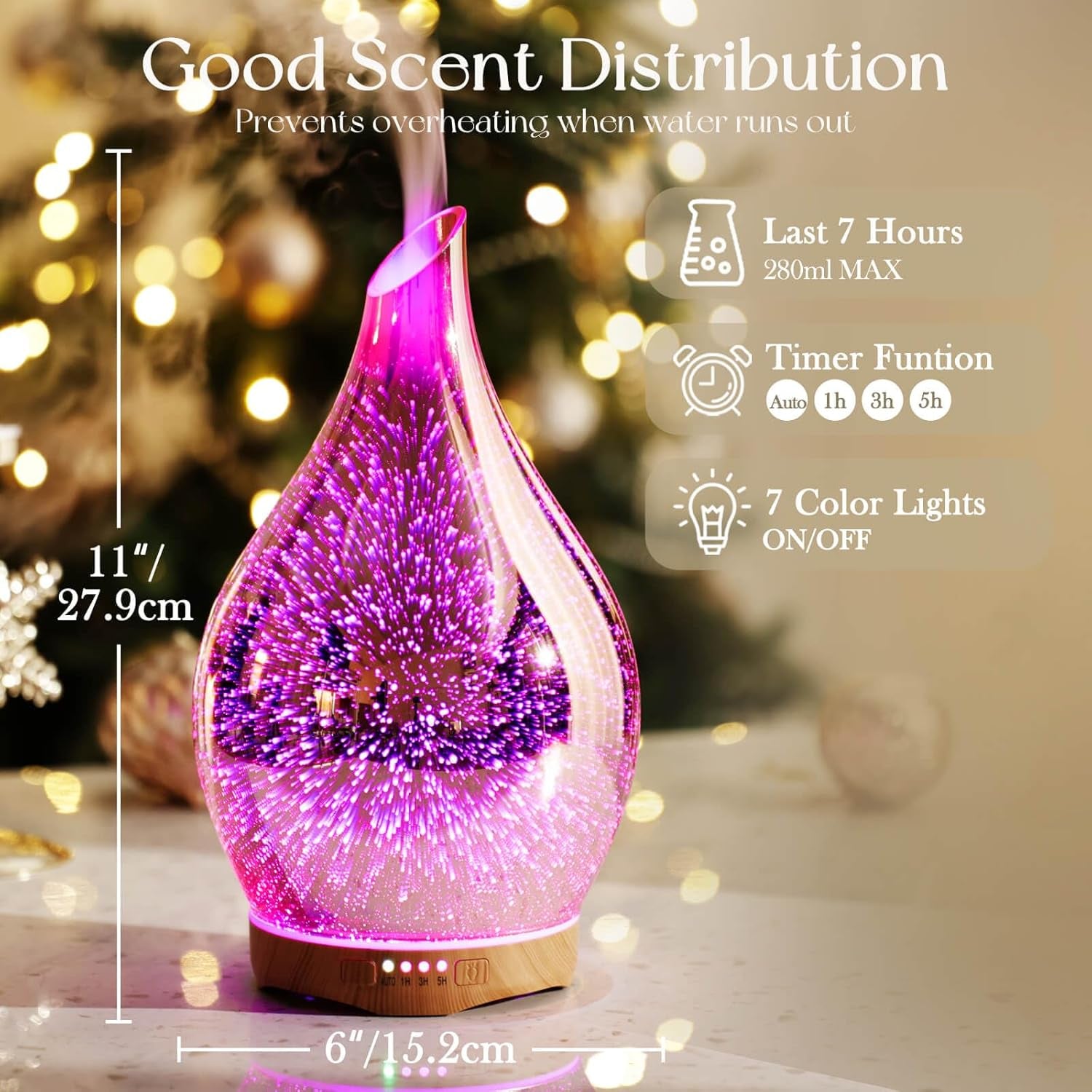 280ml Ultrasonic Essential Oil Diffuser - 3D Glass Aromatherapy Humidifier with Timer, Color-Changing Feature, and Waterless Shut-Off for Home and Office Use