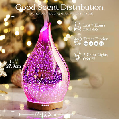 280ml Ultrasonic Essential Oil Diffuser - 3D Glass Aromatherapy Humidifier with Timer, Color-Changing Feature, and Waterless Shut-Off for Home and Office Use