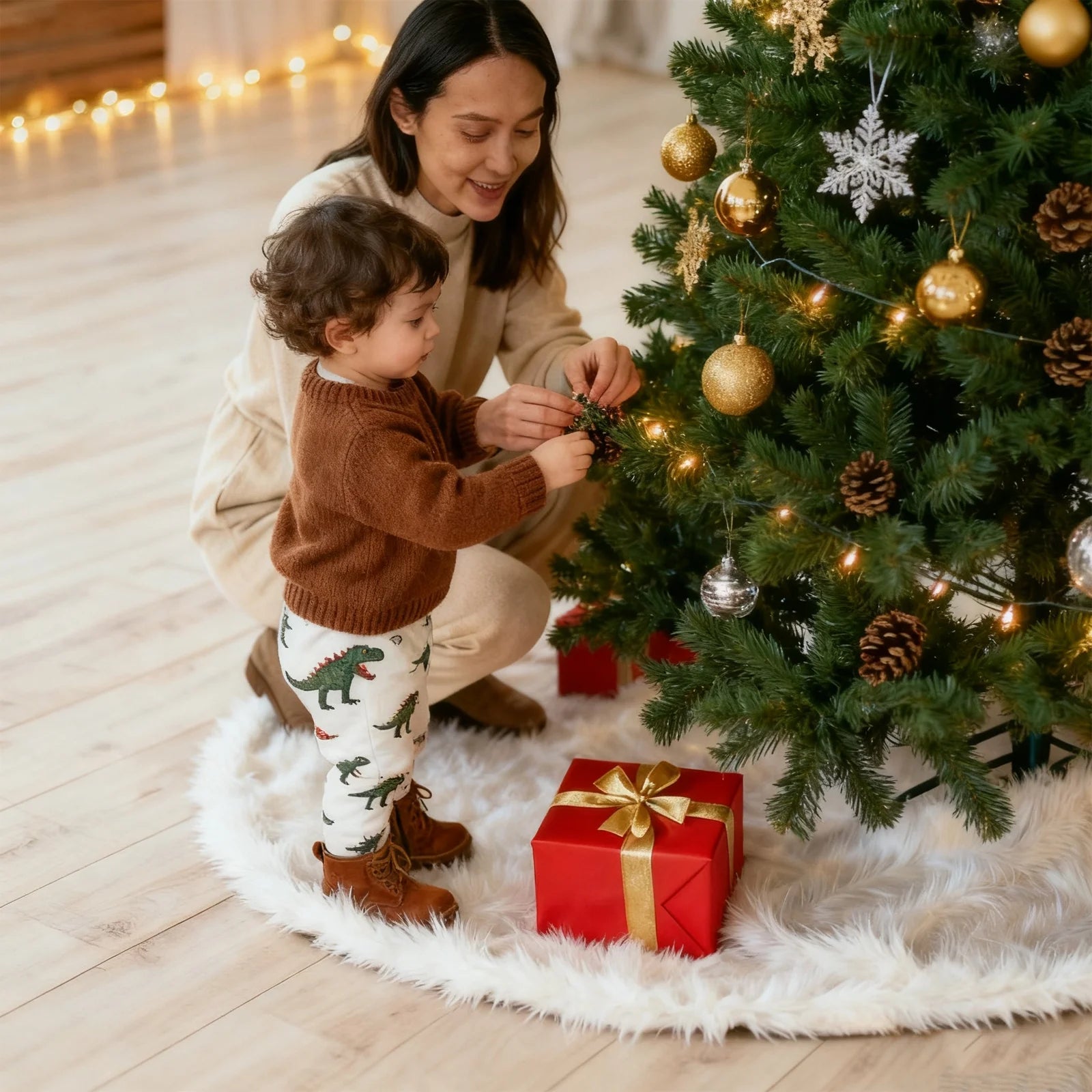 30-Inch Faux Fur Christmas Tree Skirt - Plush Winter Holiday Mat in Snowy White