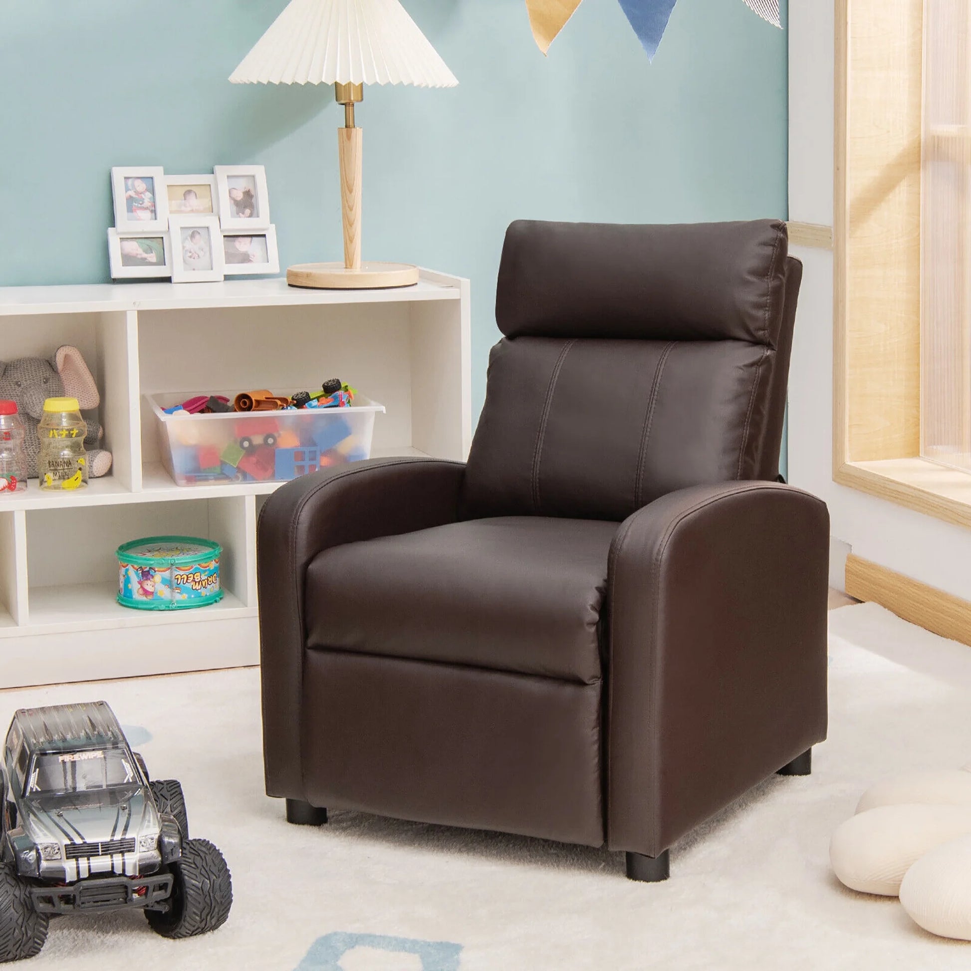 Kids Leather Recliner Chair with Footrest & Side Pocket – Brown