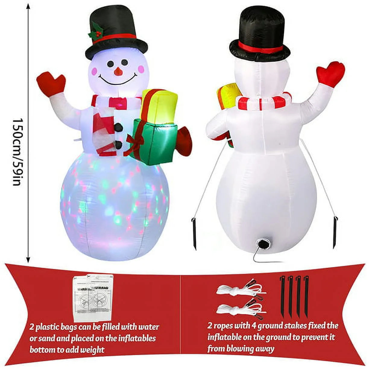 5-Foot Christmas Inflatable Snowman with Rotating LED Lights for Indoor and Outdoor Holiday Decorations