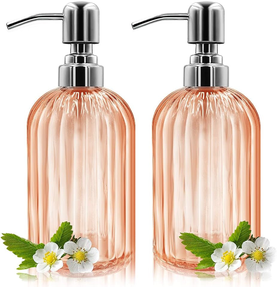 Glass Soap Dispenser Set – 2 Refillable 14 oz Bottles with Stainless Pumps