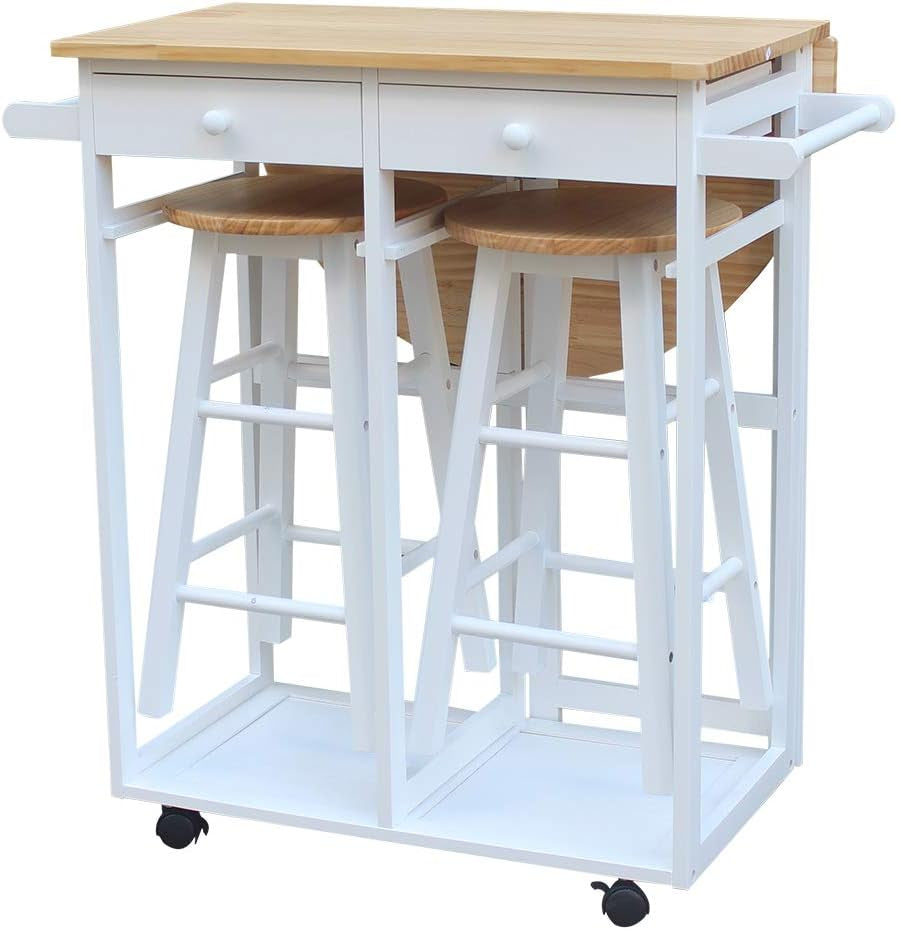 Foldable Dining Table Set with Kitchen Island Trolley Cart, Two Stools, and Two Drawers - Solid Wood Drop Leaf Breakfast and Serving Cart in Semicircle Design, White Finish