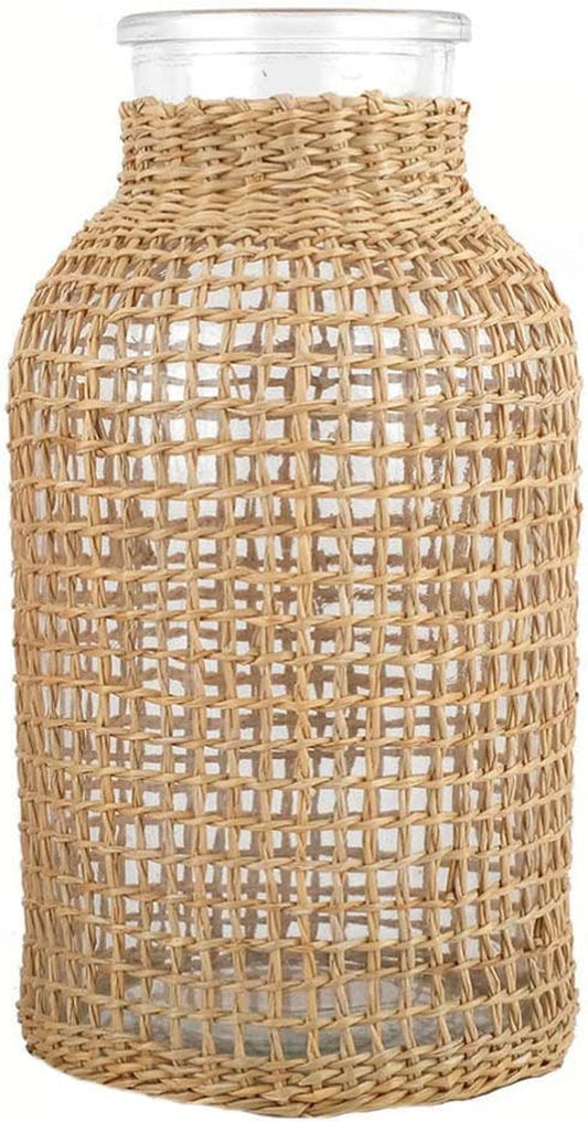 Elegant Glass Flower Vase with Rattan Cover - 6.29" Tall Wicker Bud Vase for Floral Arrangements, Bohemian Home Decor, Vintage Country Table Centerpiece, Farmhouse Accent (Small)
