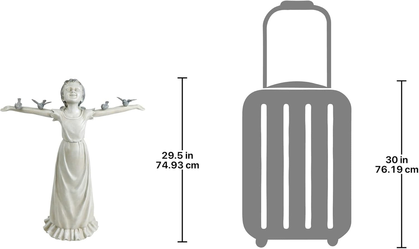 Basking in Glory Outdoor Garden Statue of Little Girl with Birds, 29 Inches Tall, Cast Stone Resin with Two-Tone Finish