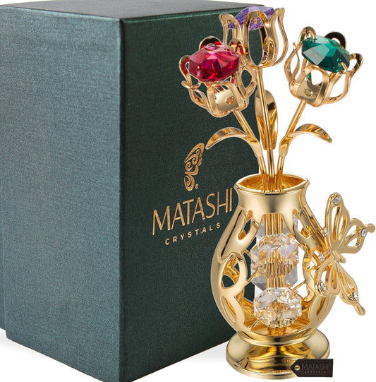 24K Gold Plated Flower Vase with Colorful Crystal Butterfly - Exquisite Tabletop Decoration - Ideal Gift for  Mother's Day