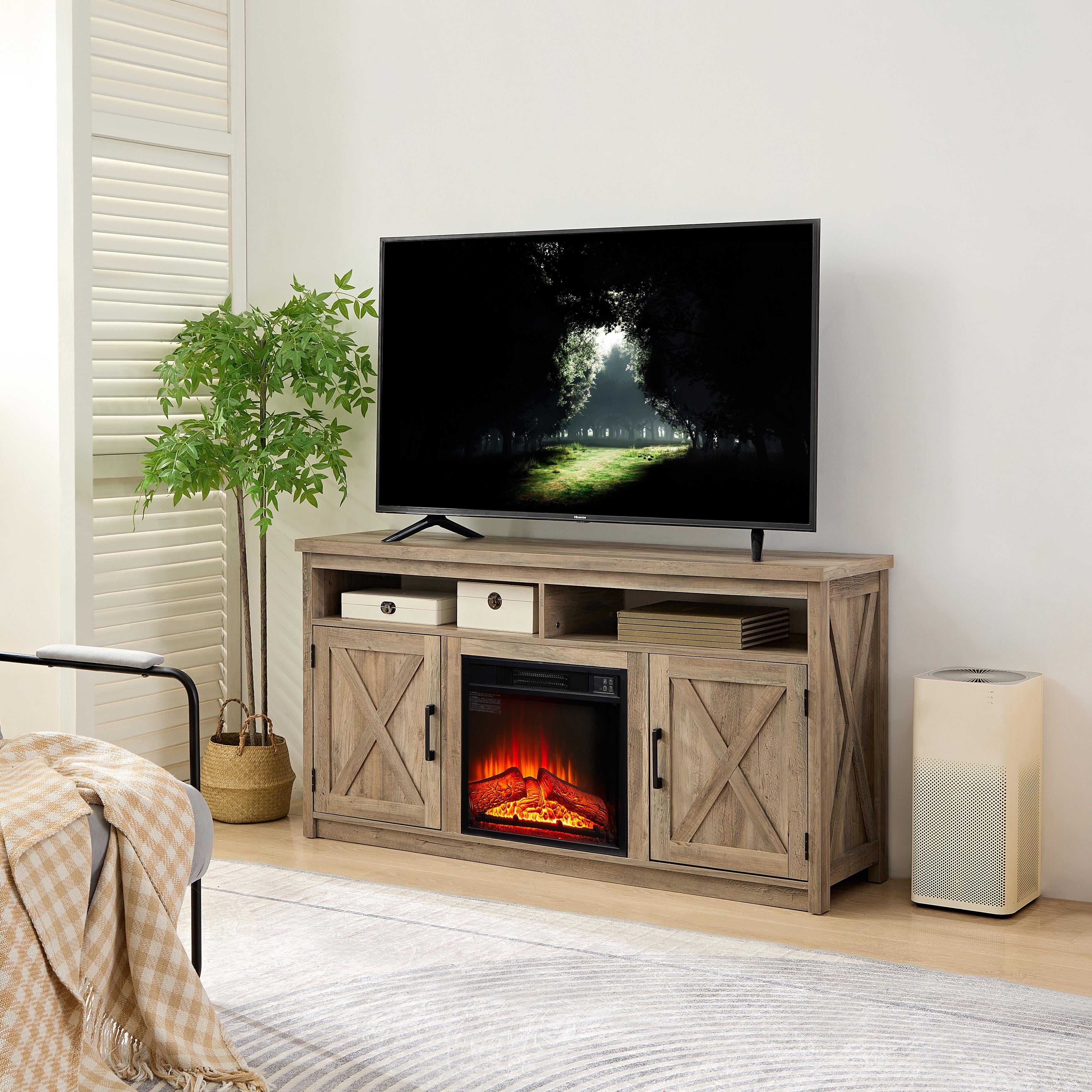 Farmhouse TV Stand with Electric Fireplace – Fits 65" TVs