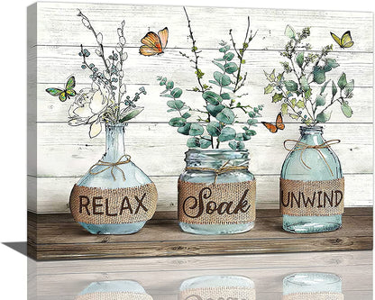 Cozy Farmhouse Bathroom Wall Art – ‘Relax, Soak & Unwind’ Cotton Canvas, 12x16 Framed