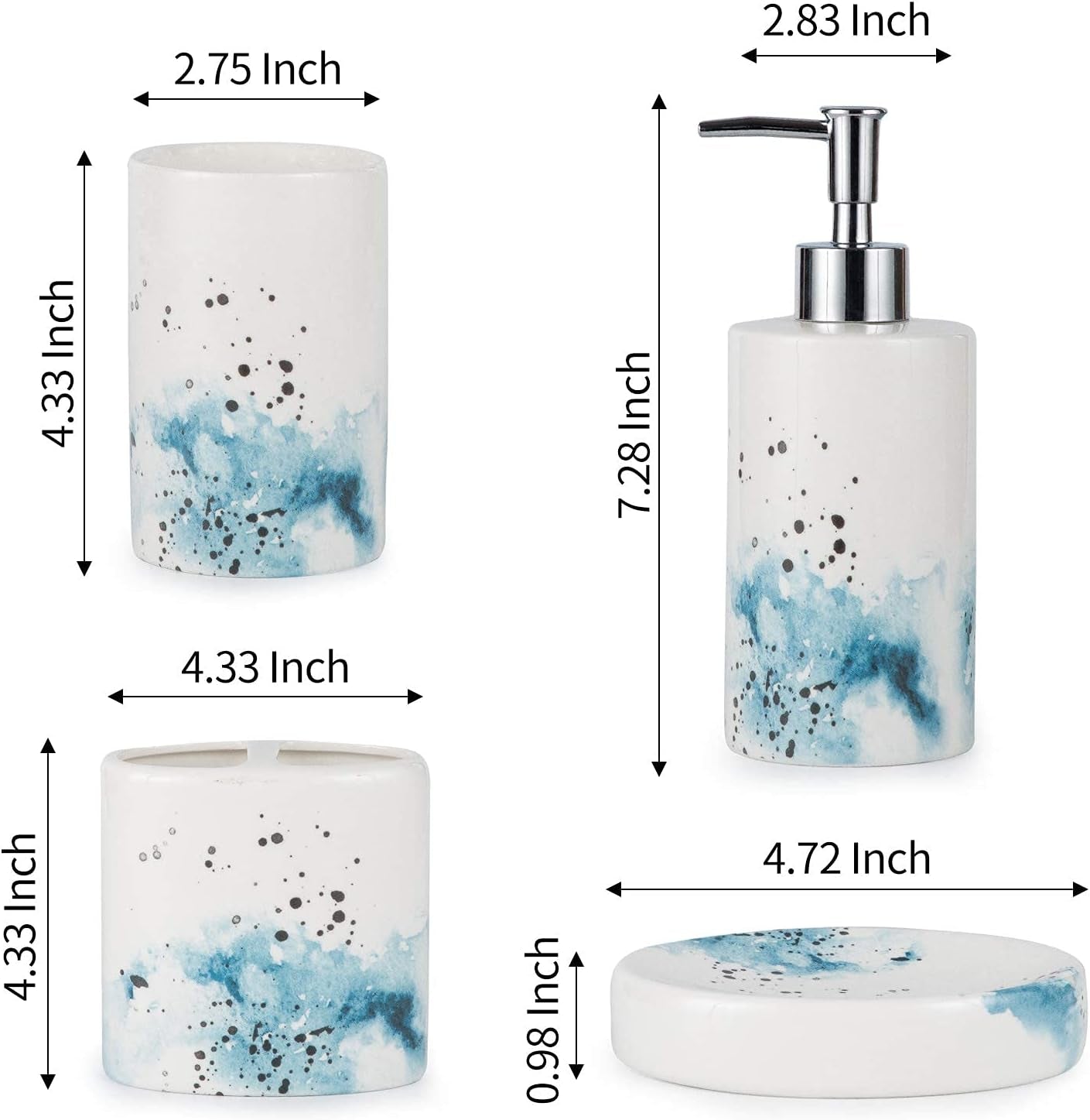 Ceramic 4-Piece Bathroom Accessories Set Complete Hand Paint Bath Countertop Accessory Soap Dispenser Set
