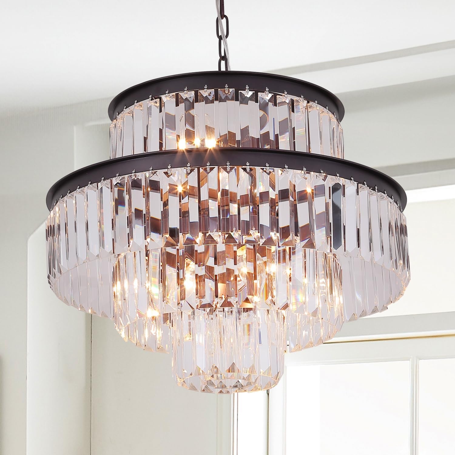 Elegant 7-Tier Crystal Chandelier, 17-Light Nickel Finish