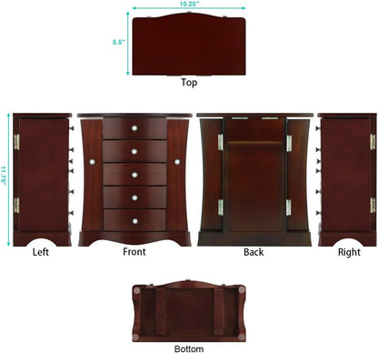 Elegant Solid Wood Jewelry Box with Tower-Style 4-Drawer Organizer, Dual Side Open Doors, and Large Mirror - Brown Finish