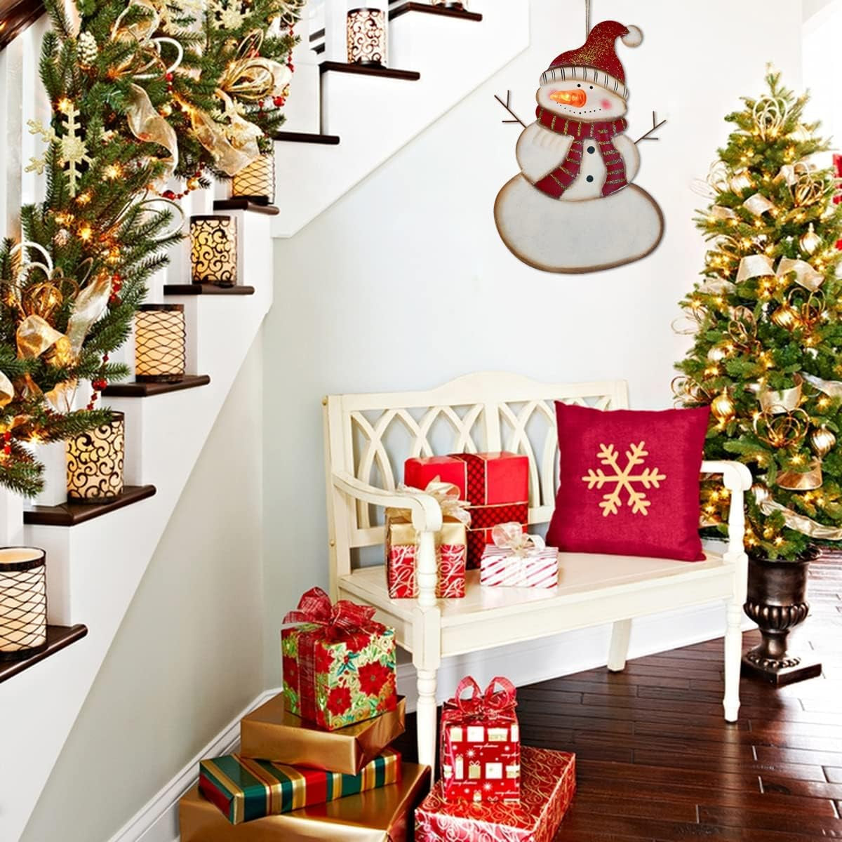 Metal Snowman Christmas Sign with Lights - Decorative Hanging Plaque and Yard Sign for Holiday Decor