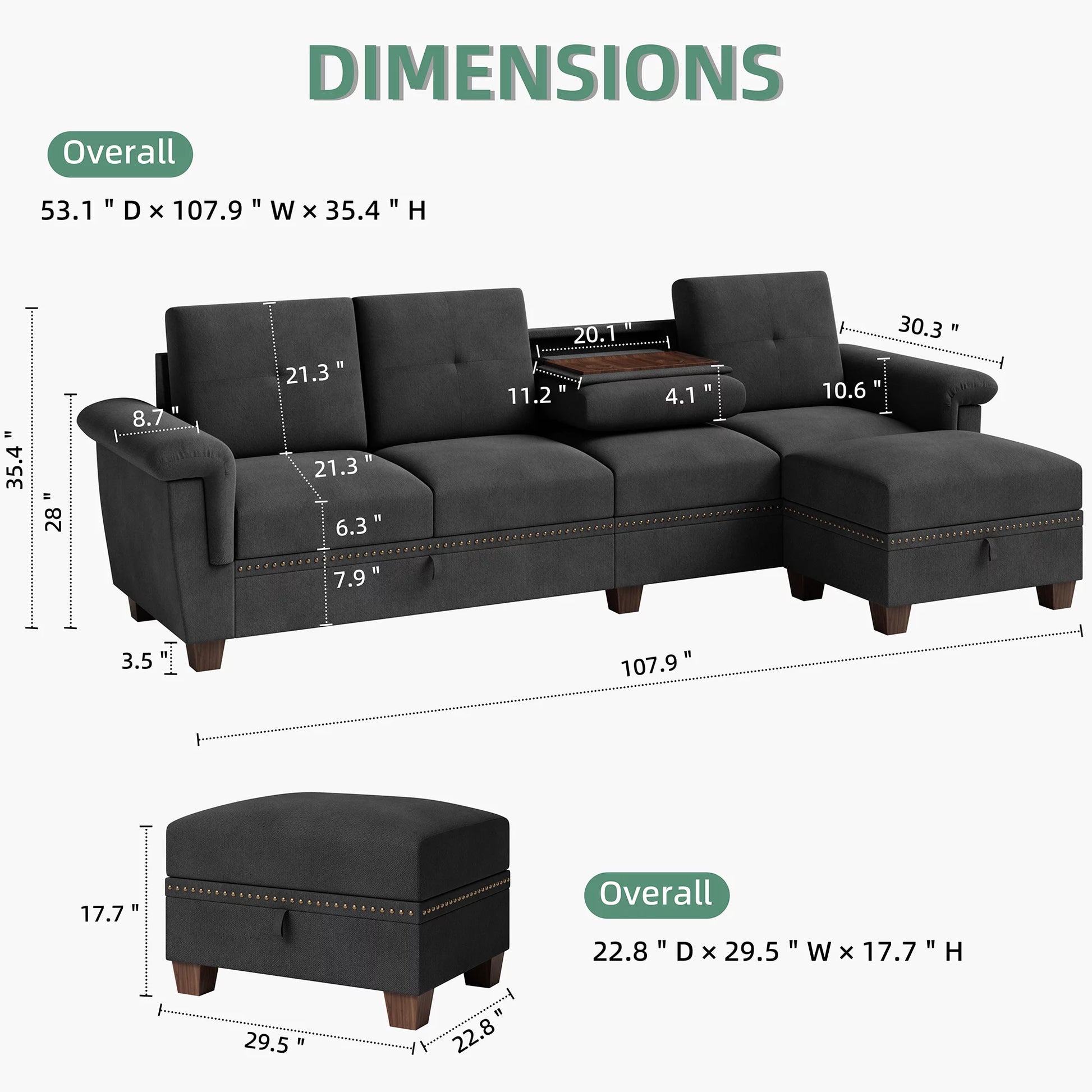 Convertible L-Shaped Sectional Sofa with Storage Chaise & Cup Holders –  4-Seater