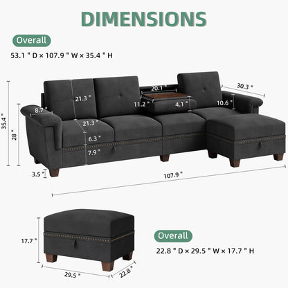 Convertible L-Shaped Sectional Sofa with Storage Chaise & Cup Holders –  4-Seater