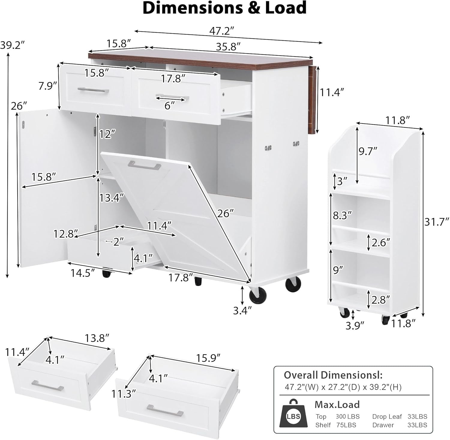 Stylish and Functional Portable White Kitchen Island with Trash Can Storage, Wheels, and Versatile Drawers for Small Spaces