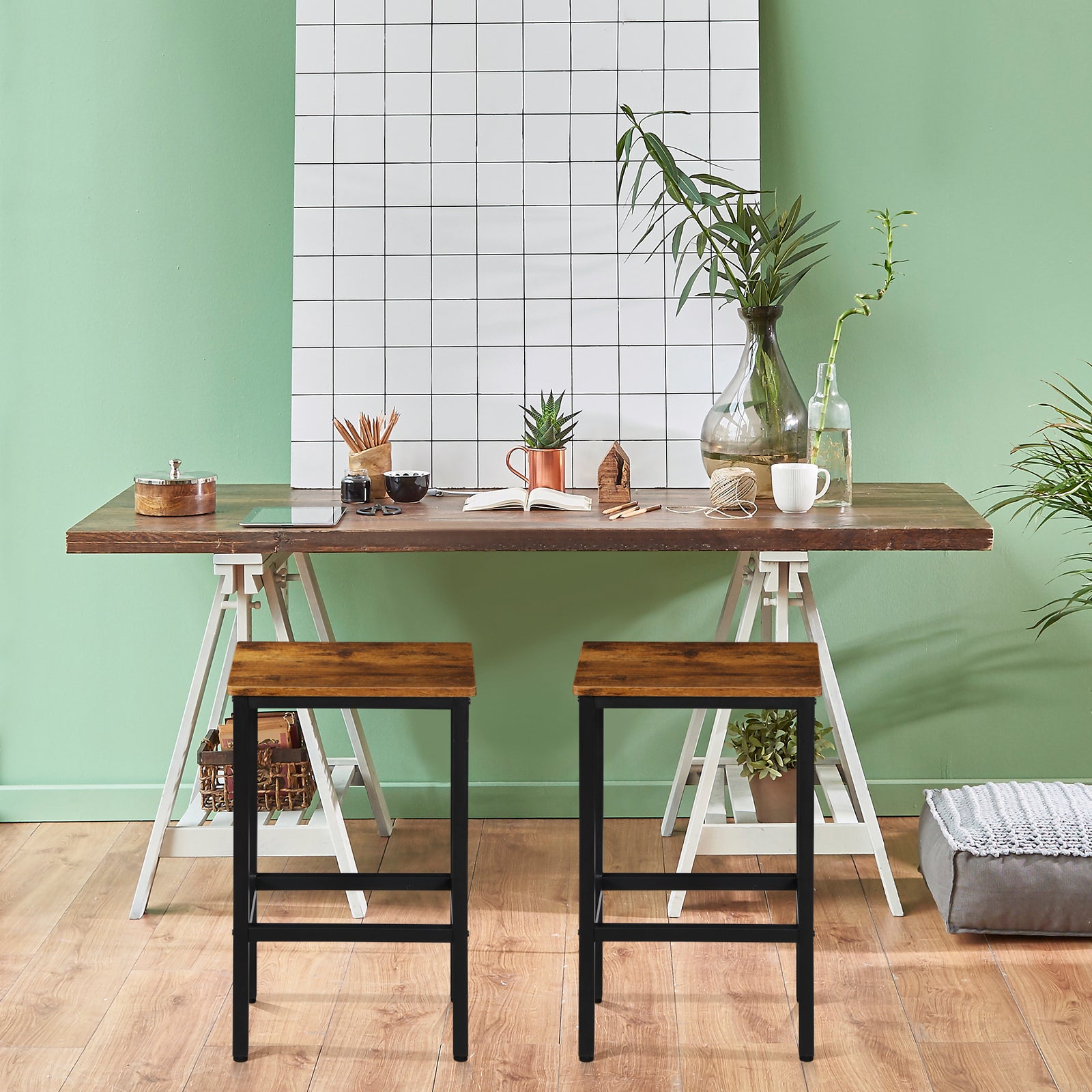 Set of 2 Industrial Bar Stools with Footrest for Kitchen and Breakfast Areas