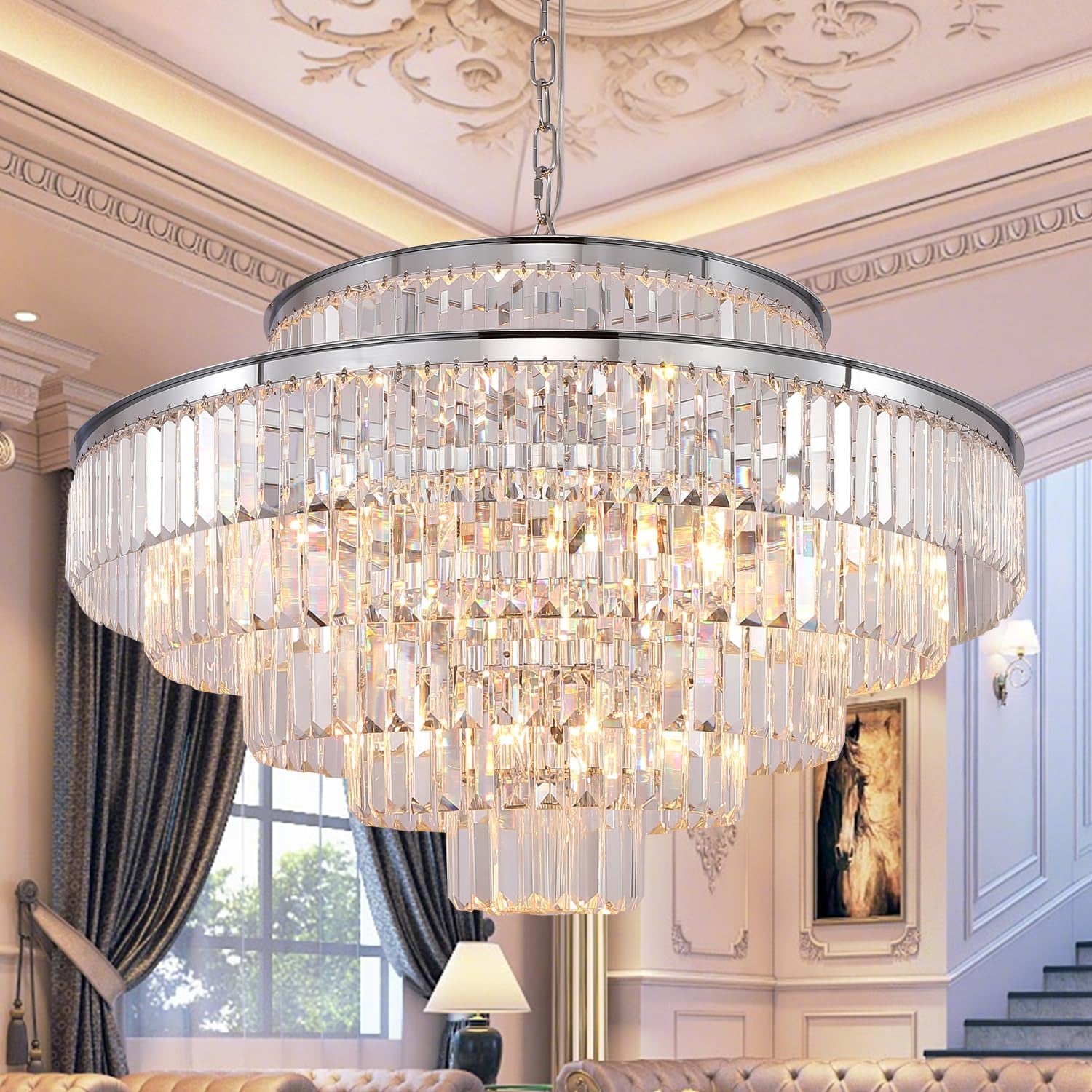 Elegant 7-Tier Crystal Chandelier, 17-Light Nickel Finish