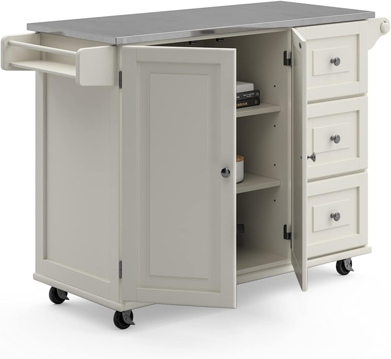 Dolly Madison 54-Inch Rolling Mobile Kitchen Island with Storage and Towel Rack in Off White