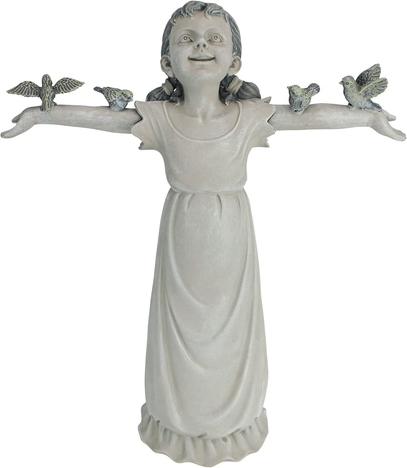 Basking in Glory Outdoor Garden Statue of Little Girl with Birds, 29 Inches Tall, Cast Stone Resin with Two-Tone Finish