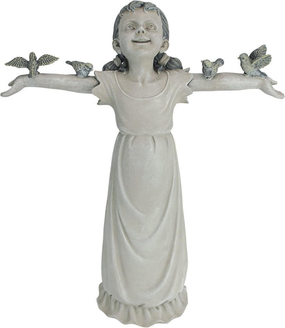 Basking in Glory Outdoor Garden Statue of Little Girl with Birds, 29 Inches Tall, Cast Stone Resin with Two-Tone Finish