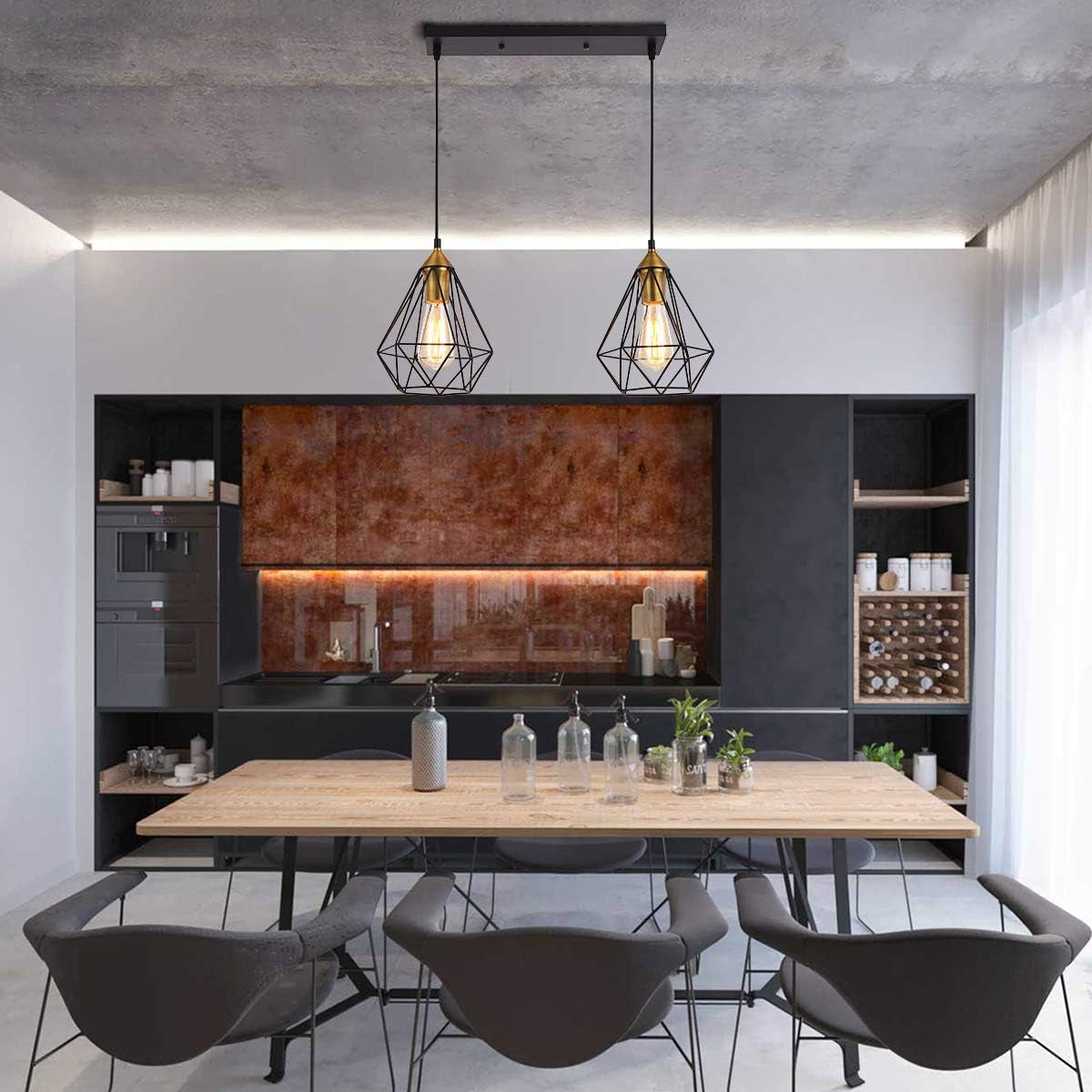 2-Light Black Metal Indoor Pendant Light Fixture for Kitchen Island, Bar, Dining Room, and Office