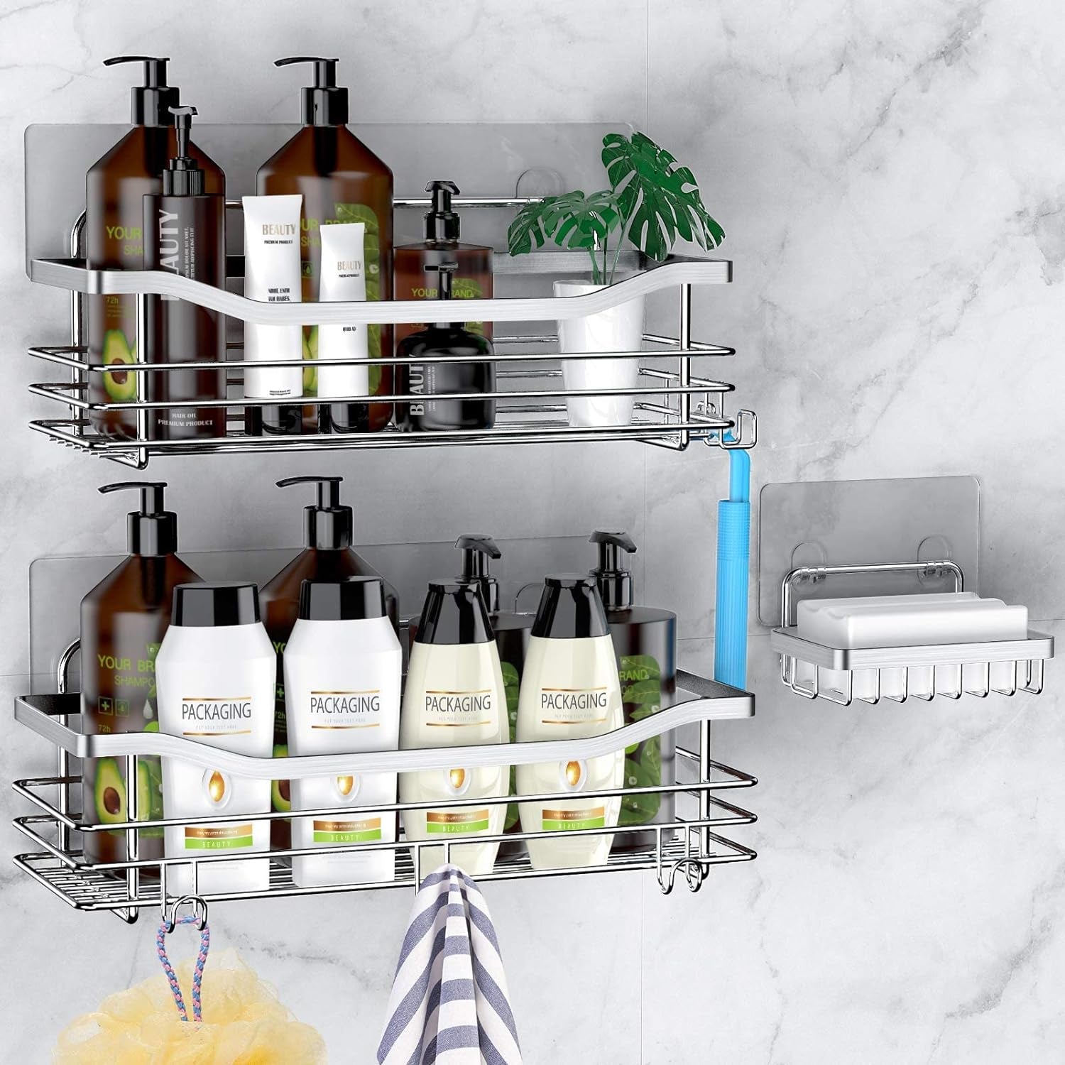 3-Pack Shower Caddy Set – Wall-Mounted Rustproof Stainless Steel Organizer with Soap Dish & 5 Hooks, No Drilling Needed