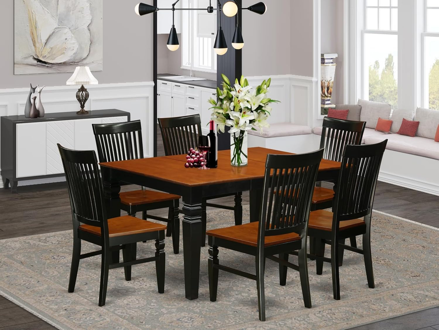 7-Piece Modern Dining Set with Rectangular Wooden Table and Butterfly Leaf, Black and Cherry Finish, 42x60 Inches, Includes 6 Chairs