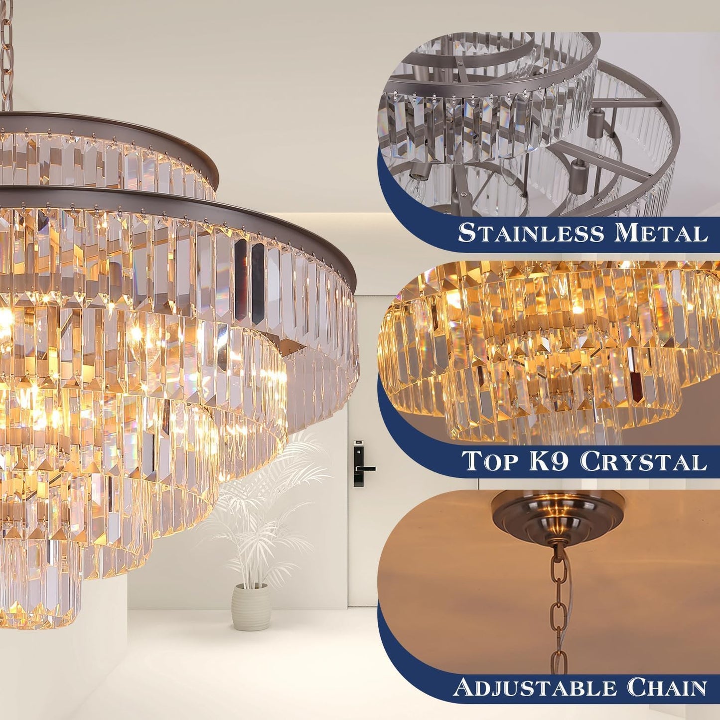 Elegant 7-Tier Crystal Chandelier, 17-Light Nickel Finish