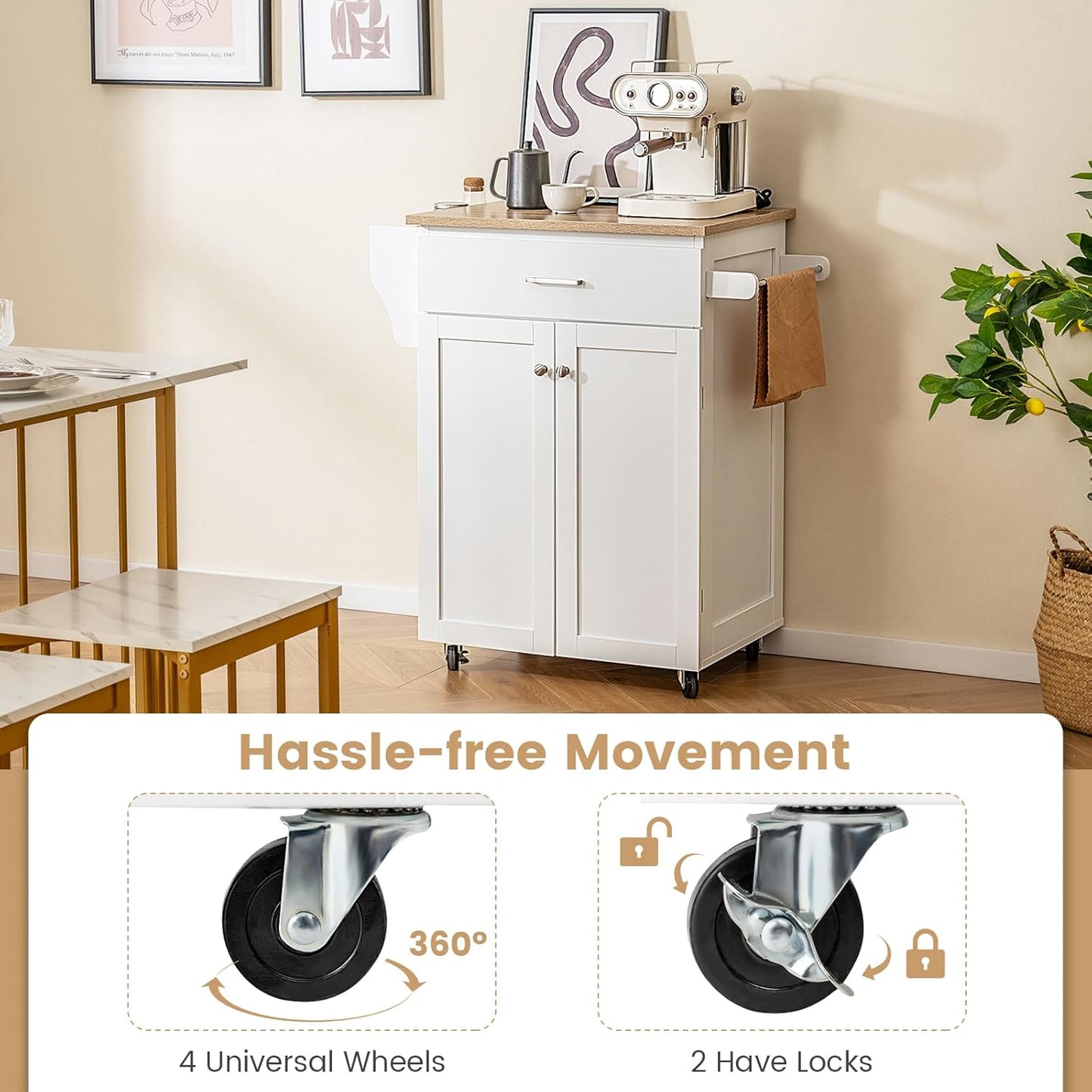 Rolling Kitchen Island Trolley Cart with Spice Rack, Large Drawer, Towel Rack, and Adjustable Shelf - White Storage Pantry Cabinet on Wheels for Dining Room Use