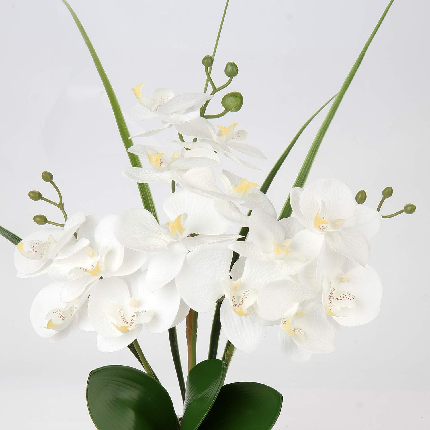 20'' White Artificial Phalaenopsis Orchid with Silver Vase - Elegant Faux Floral Arrangement for Home, Office, and Kitchen Decor