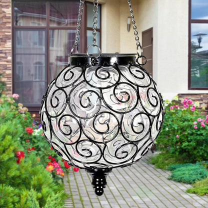 Outdoor Garden Solar Hanging Lantern with Round Glass and Metal Design, 15 Firefly LED Lights, 7 x 20 Inches, Clear Finish