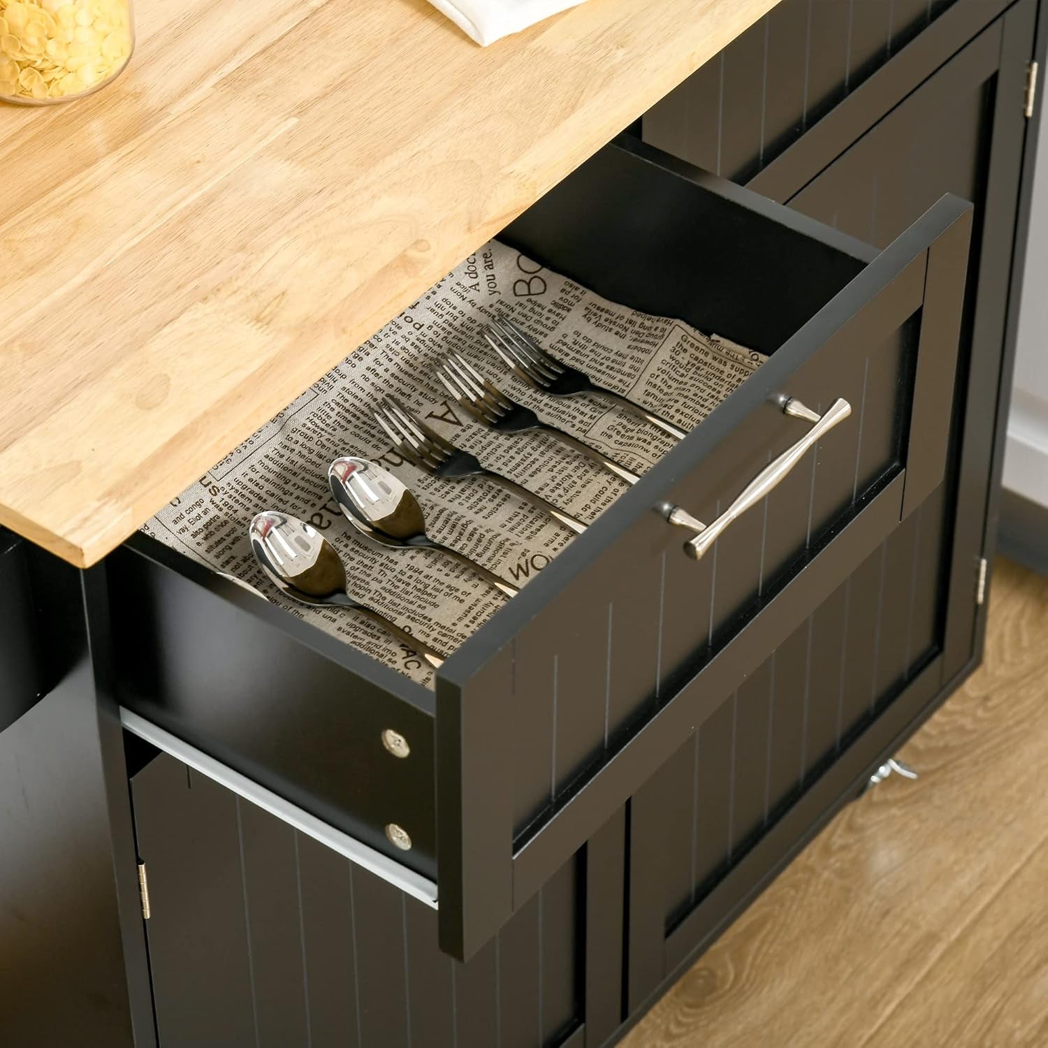  Rolling Kitchen Island Cart with Storage and Rubberwood Top
