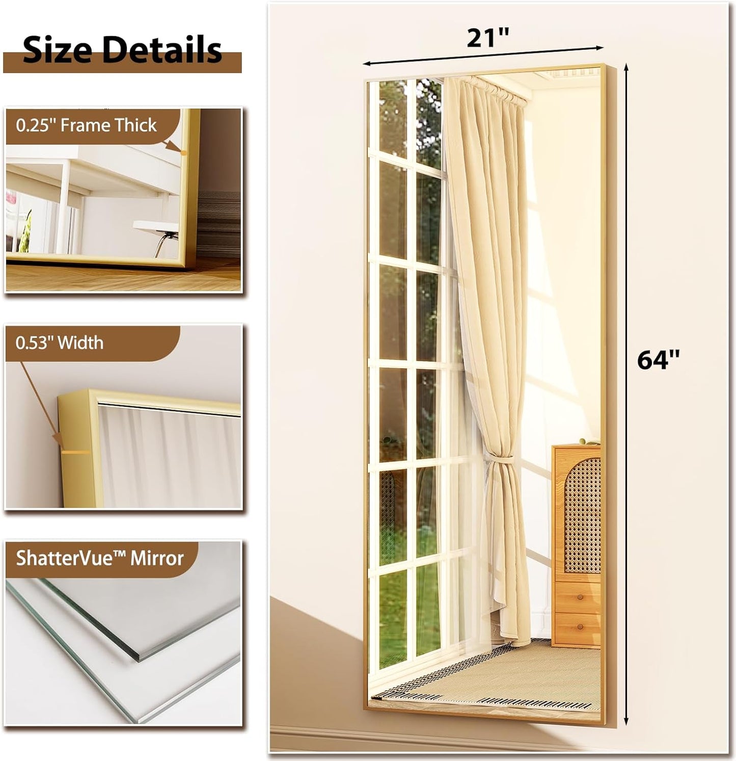 64"x21" Full-Length Freestanding or Leaning Rectangle Floor Mirror with Thin Aluminum Alloy Frame for Bedroom and Living Room, Gold Finish