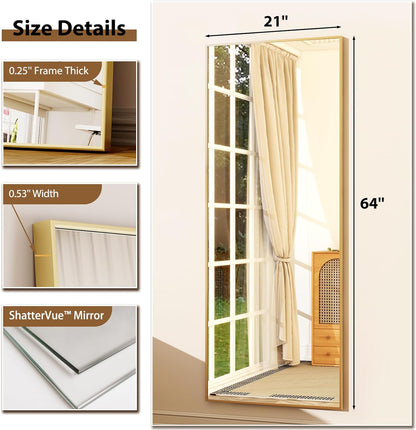 64"x21" Full-Length Freestanding or Leaning Rectangle Floor Mirror with Thin Aluminum Alloy Frame for Bedroom and Living Room, Gold Finish