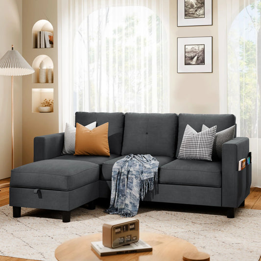 Convertible L-Shaped Linen Sectional Sofa with Reversible Chaise 