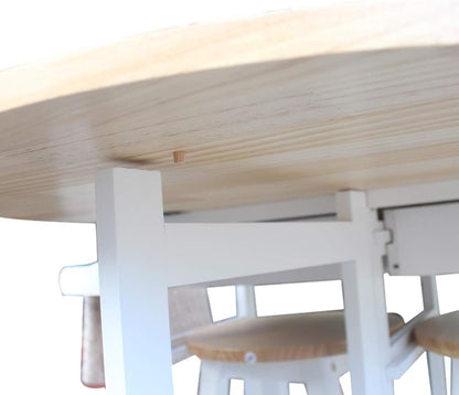 Foldable Dining Table Set with Kitchen Island Trolley Cart, Two Stools, and Two Drawers - Solid Wood Drop Leaf Breakfast and Serving Cart in Semicircle Design, White Finish