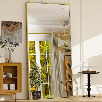 64"x21" Full-Length Freestanding or Leaning Rectangle Floor Mirror with Thin Aluminum Alloy Frame for Bedroom and Living Room, Gold Finish