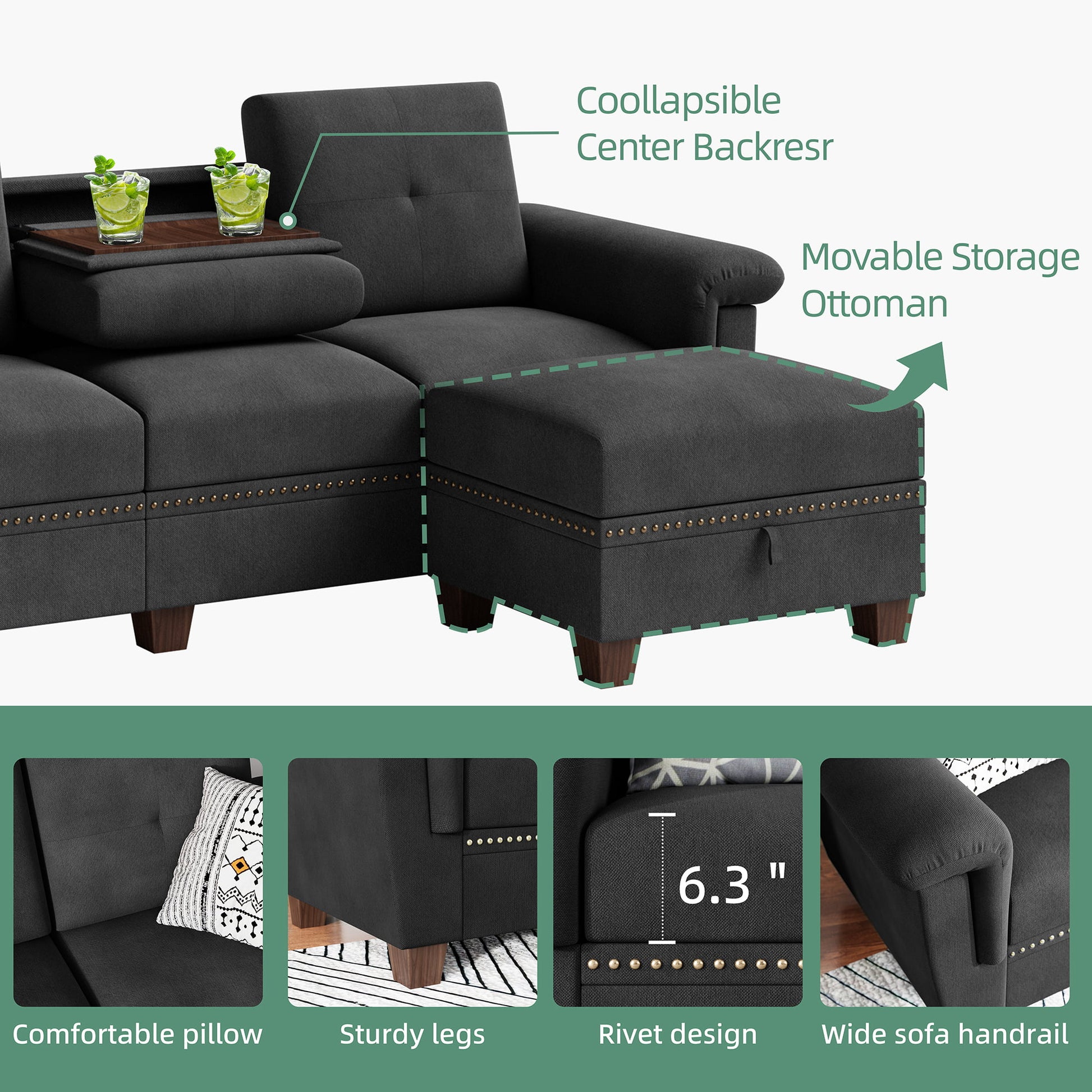 Convertible L-Shaped Sectional Sofa with Storage Chaise & Cup Holders –  4-Seater