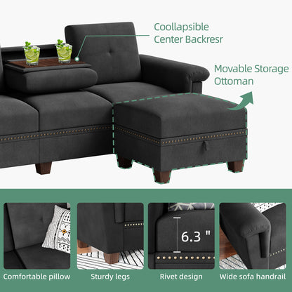 Convertible L-Shaped Sectional Sofa with Storage Chaise & Cup Holders –  4-Seater