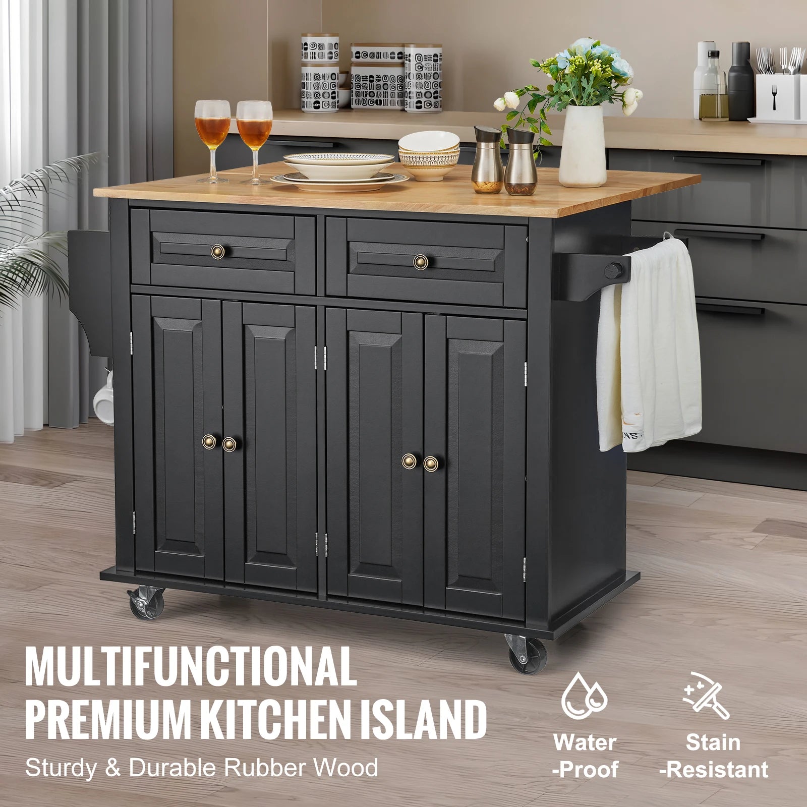 Utility Kitchen Cart with Storage and Expandable Top