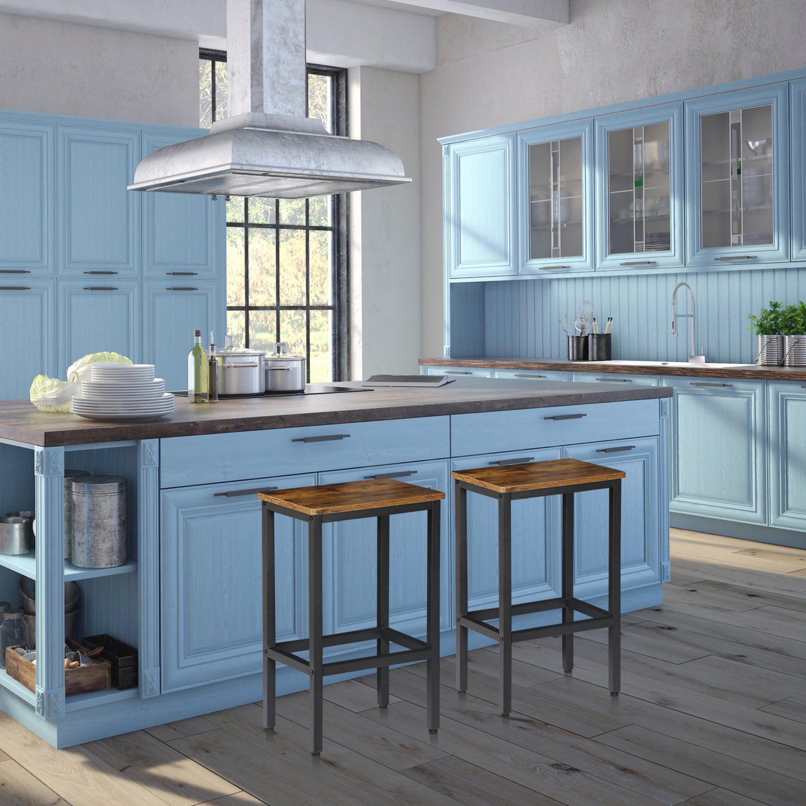 Set of 2 Industrial Bar Stools with Footrest for Kitchen and Breakfast Areas