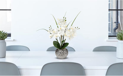 20'' White Artificial Phalaenopsis Orchid with Silver Vase - Elegant Faux Floral Arrangement for Home, Office, and Kitchen Decor