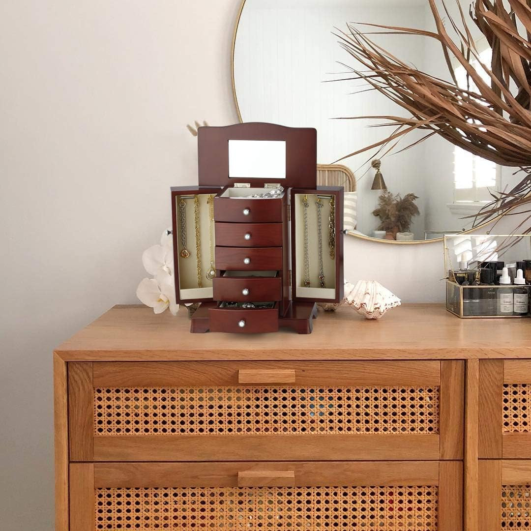 Elegant Solid Wood Jewelry Box with Tower-Style 4-Drawer Organizer, Dual Side Open Doors, and Large Mirror - Brown Finish
