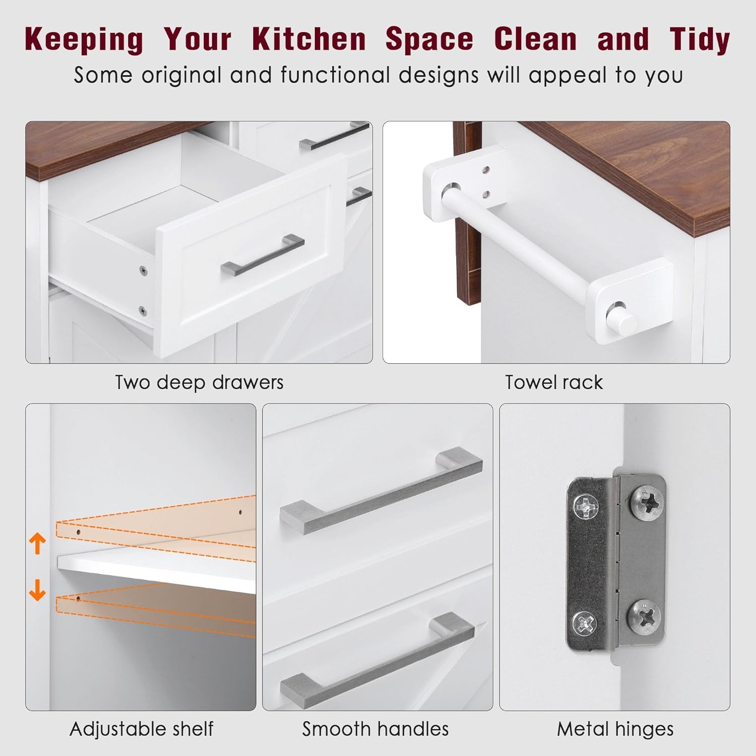 Stylish and Functional Portable White Kitchen Island with Trash Can Storage, Wheels, and Versatile Drawers for Small Spaces