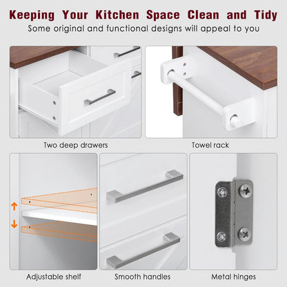 Stylish and Functional Portable White Kitchen Island with Trash Can Storage, Wheels, and Versatile Drawers for Small Spaces