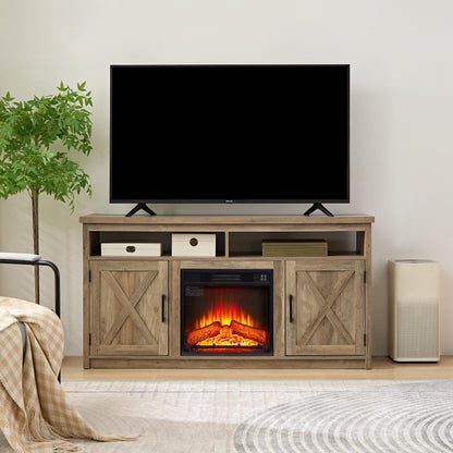 Farmhouse TV Stand with Electric Fireplace – Fits 65" TVs